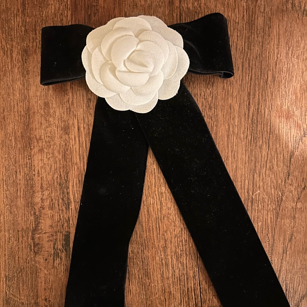 CHANEL Black Velvet Hair Bow with White Camellia